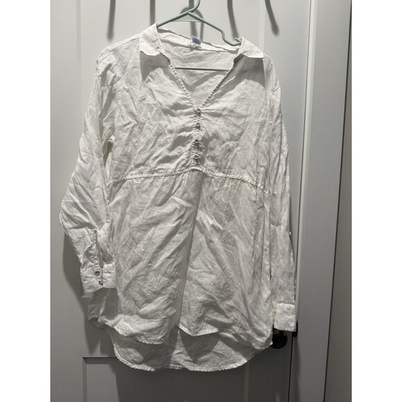 Women’s Cynthia Rowley White Linen Blouse Tunic Roll Tab Sleeve Medium Light - Picture 1 of 5